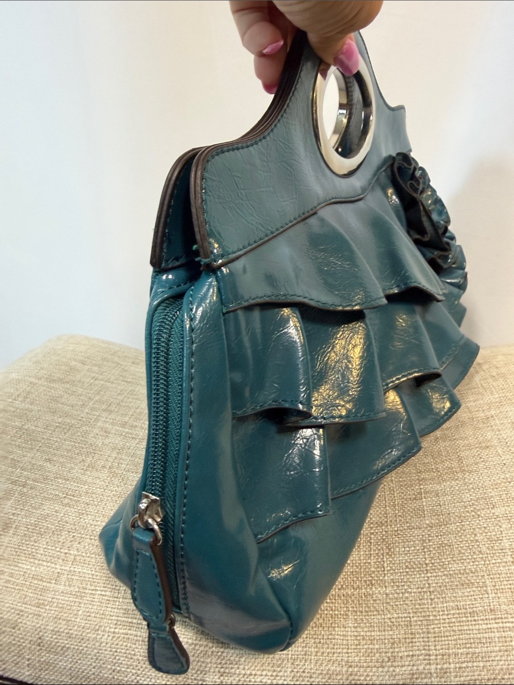 NICOLE Teal Ruffle Flower Handle Clutch - Stylish Women's Bag - Picture 6 of 9